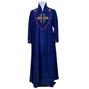 Vanity Fair Petites Vintage 80s Blue Fleece Embroidered Zip Front Maxi Robe USA